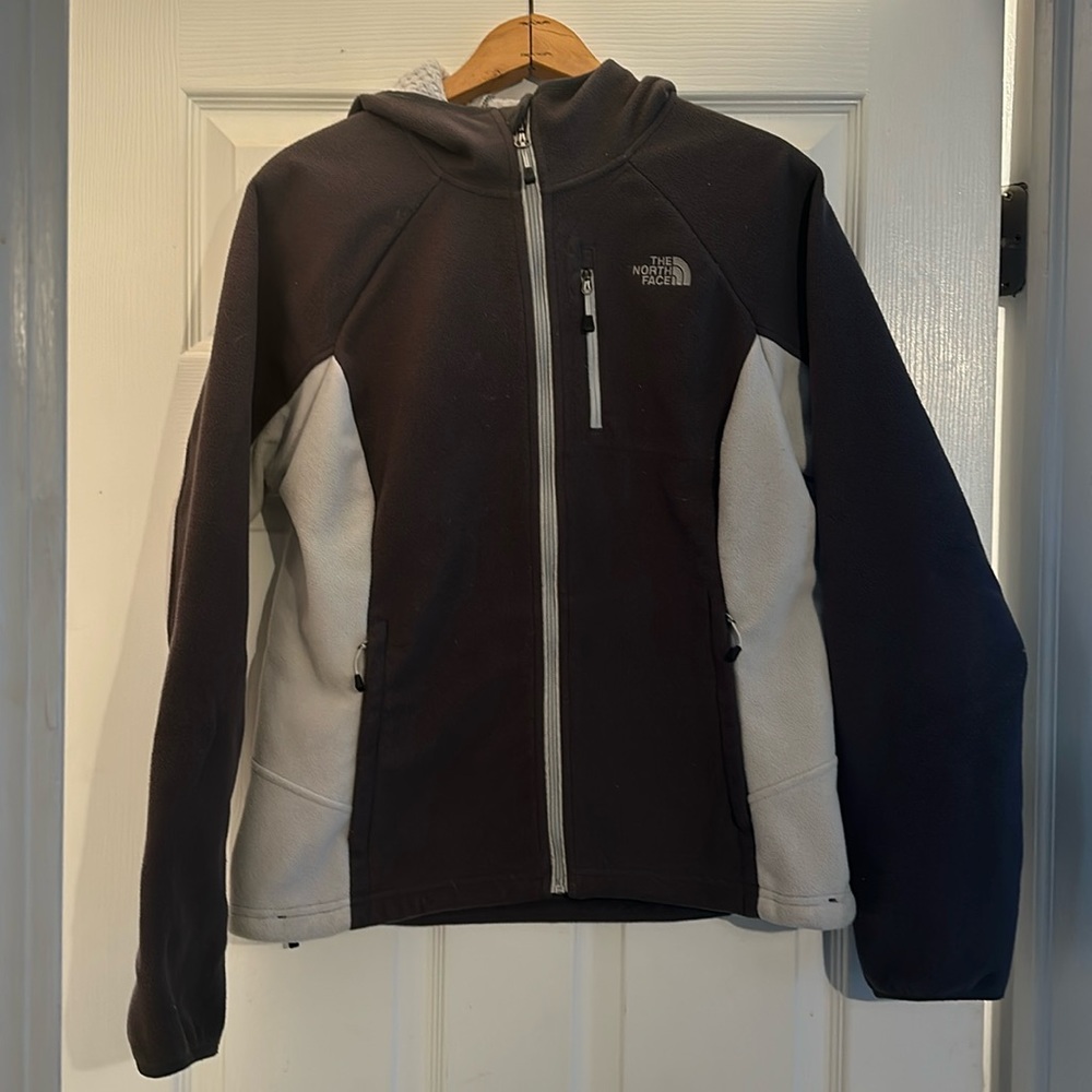 VGUC North Face grey and white hooded fleece jacket women’s L